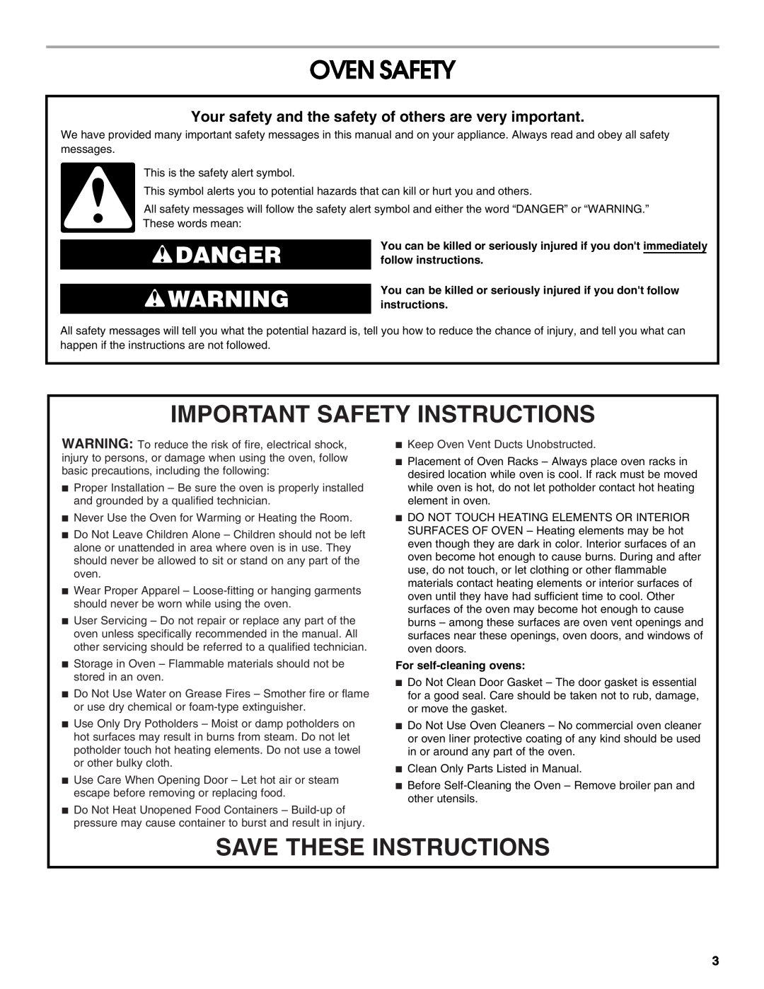 Whirlpool IBS330P Oven Safety, Important Safety Instructions, Save These Instructions, Danger, For self-cleaning ovens 