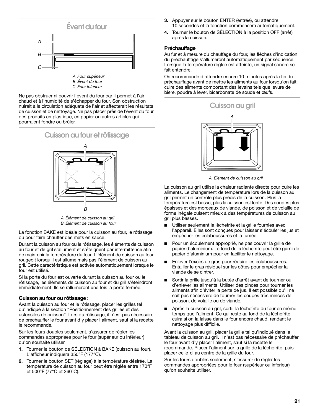 Whirlpool IBS550P Évent du four, Cuisson au four et rôtissage, Cuisson au gril, Préchauffage, Cuisson au four ou rôtissage 