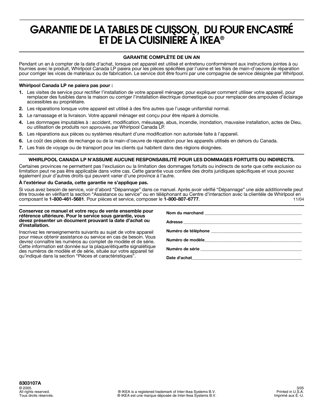 Whirlpool IBS550P ET DE LA Cuisinière À Ikea, Garantie Complète DE UN AN, Whirlpool Canada LP ne paiera pas pour, 8303107A 