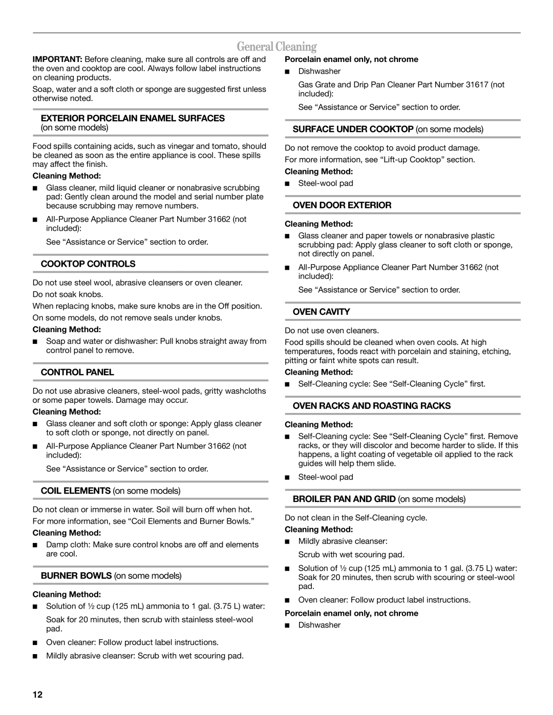 Whirlpool IEP314RQ1 manual General Cleaning, Surface Under Cooktop on some models, Broiler PAN and Grid on some models 