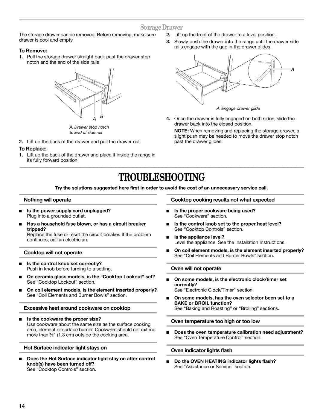 Whirlpool IEP314RQ1 manual Troubleshooting, Storage Drawer 