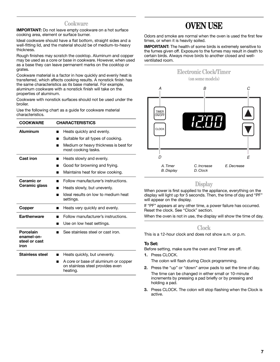 Whirlpool IEP314RQ1 manual Oven USE, Cookware, Electronic Clock/Timer, Display 