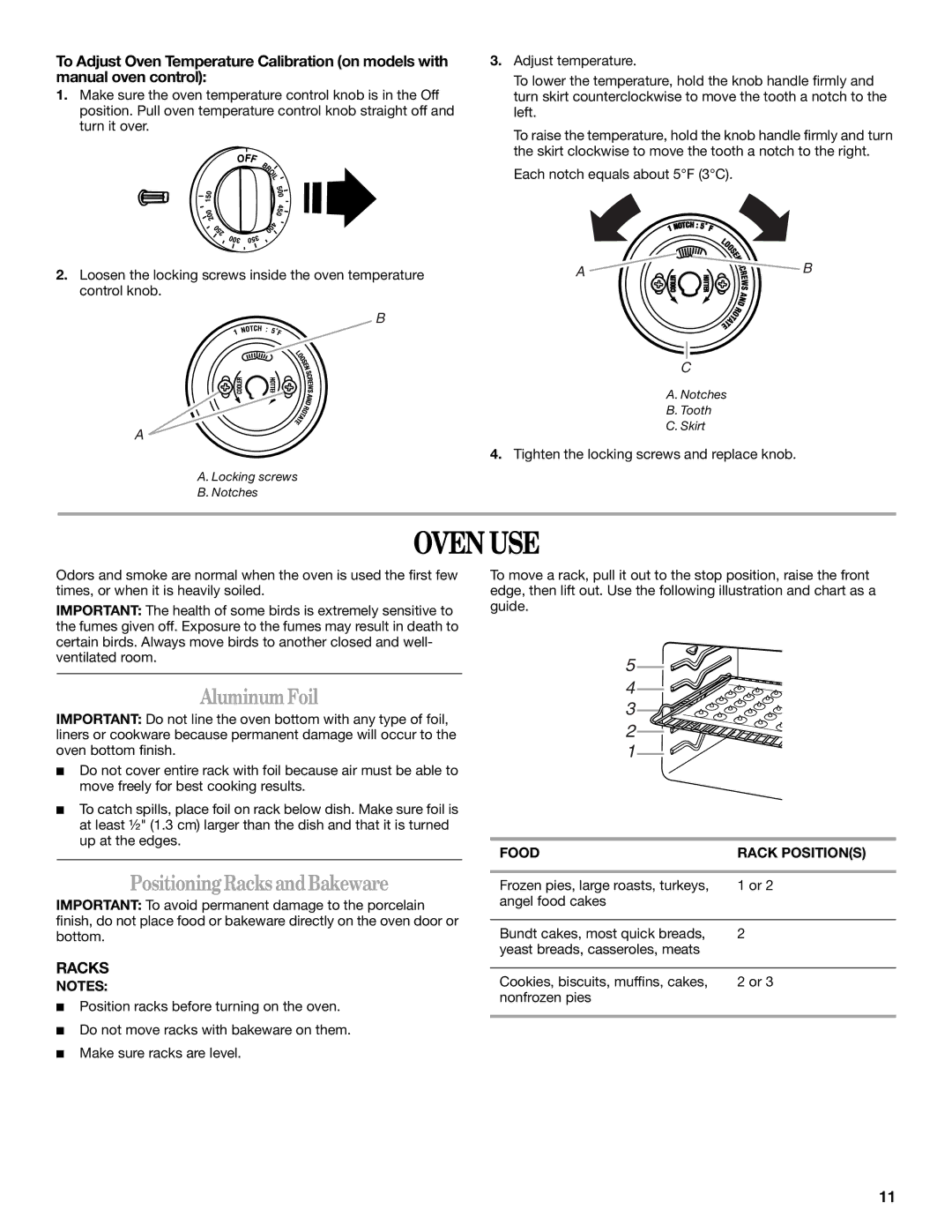 Whirlpool IES355RQ2 manual Oven USE, Aluminum Foil, Positioning Racks and Bakeware, Food Rack Positions 