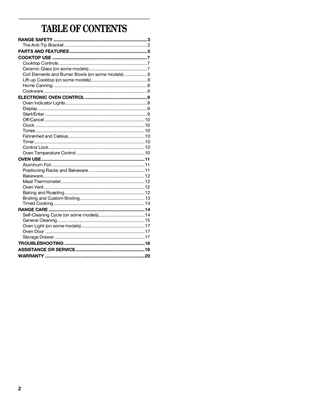 Whirlpool IES355RQ2 manual Table of Contents 