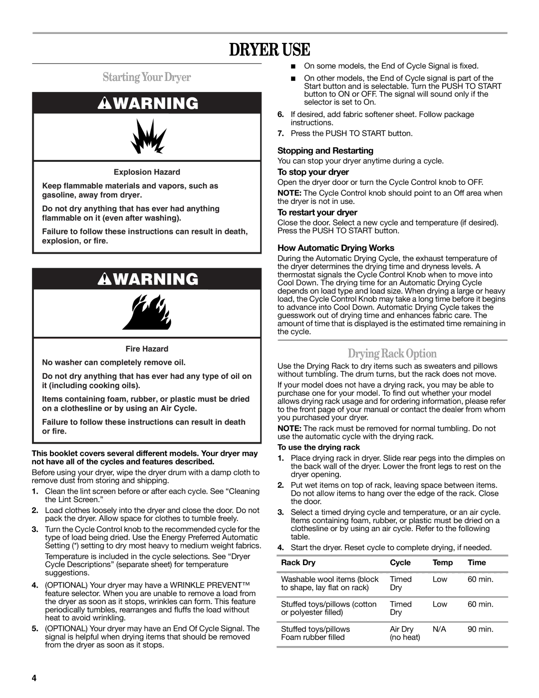 Whirlpool IES5000RQ0 Dryer USE, Starting YourDryer, DryingRackOption, To use the drying rack, Rack Dry Cycle Temp Time 