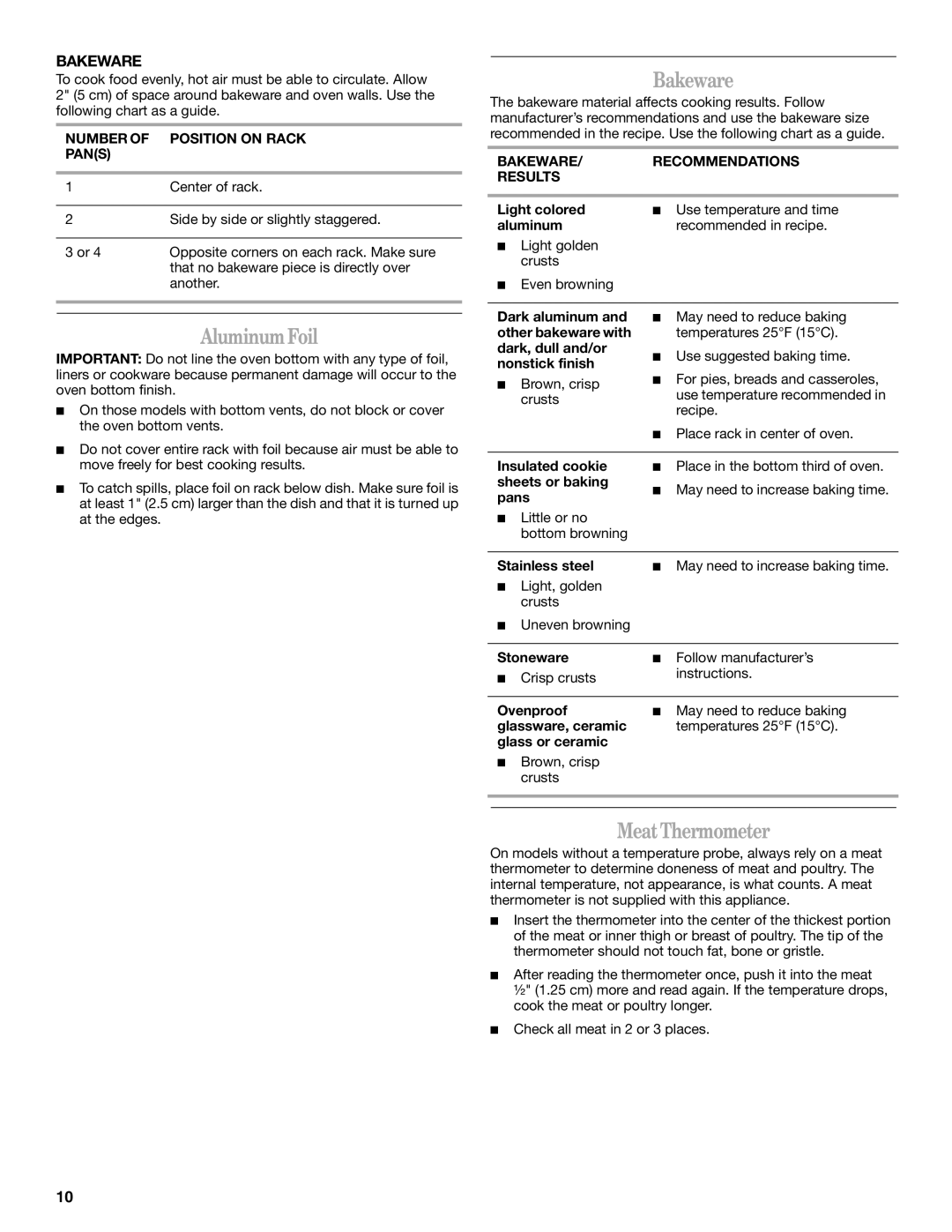 Whirlpool IGS325RQ0 manual Bakeware, Aluminum Foil, Meat Thermometer 