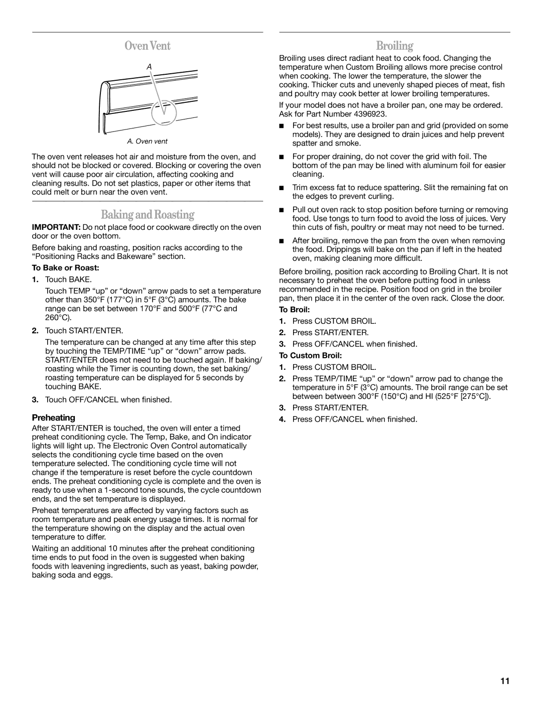 Whirlpool IGS325RQ0 manual Oven Vent, Baking and Roasting, Broiling, Preheating 