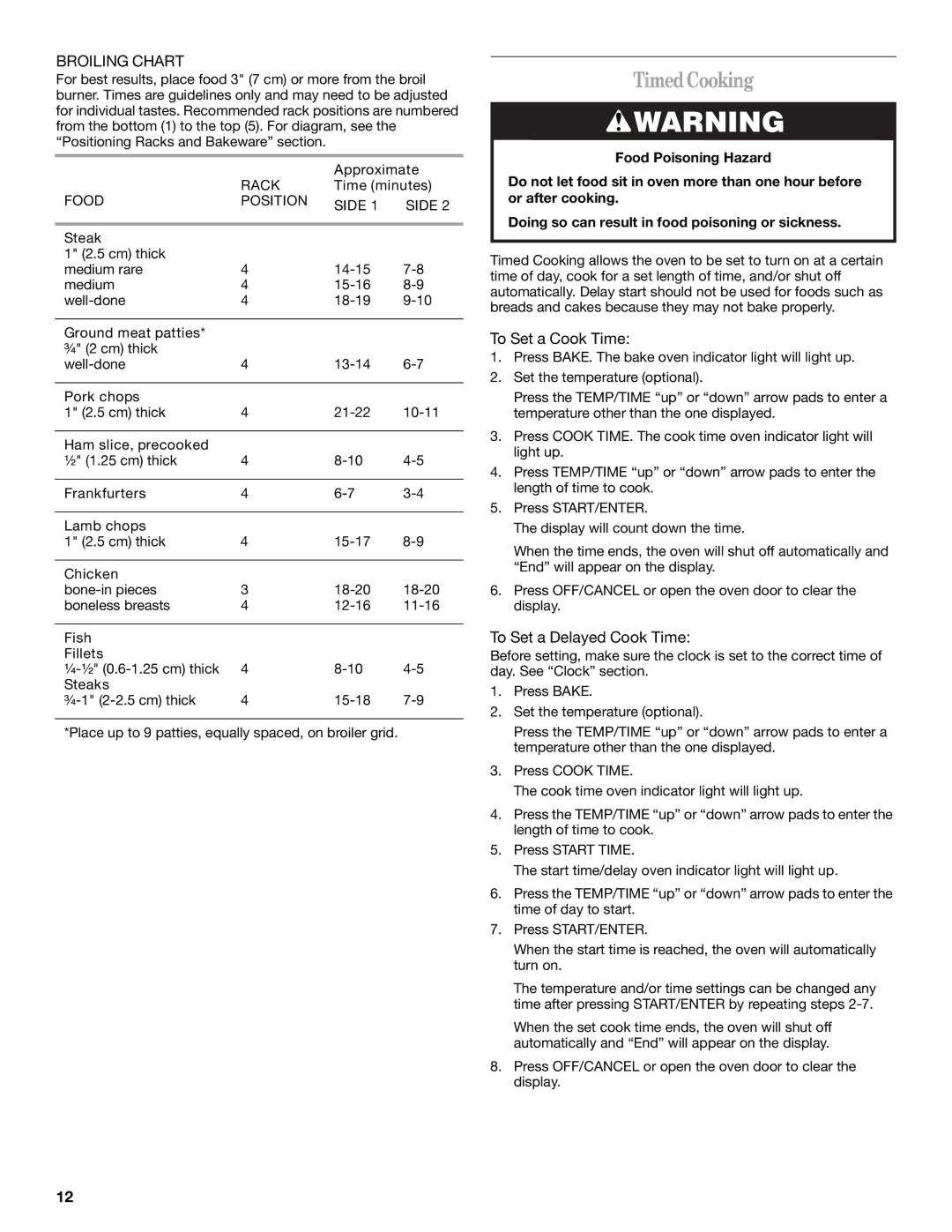 Whirlpool IGS325RQ0 manual Timed Cooking, Broiling Chart, To Set a Cook Time, To Set a Delayed Cook Time 