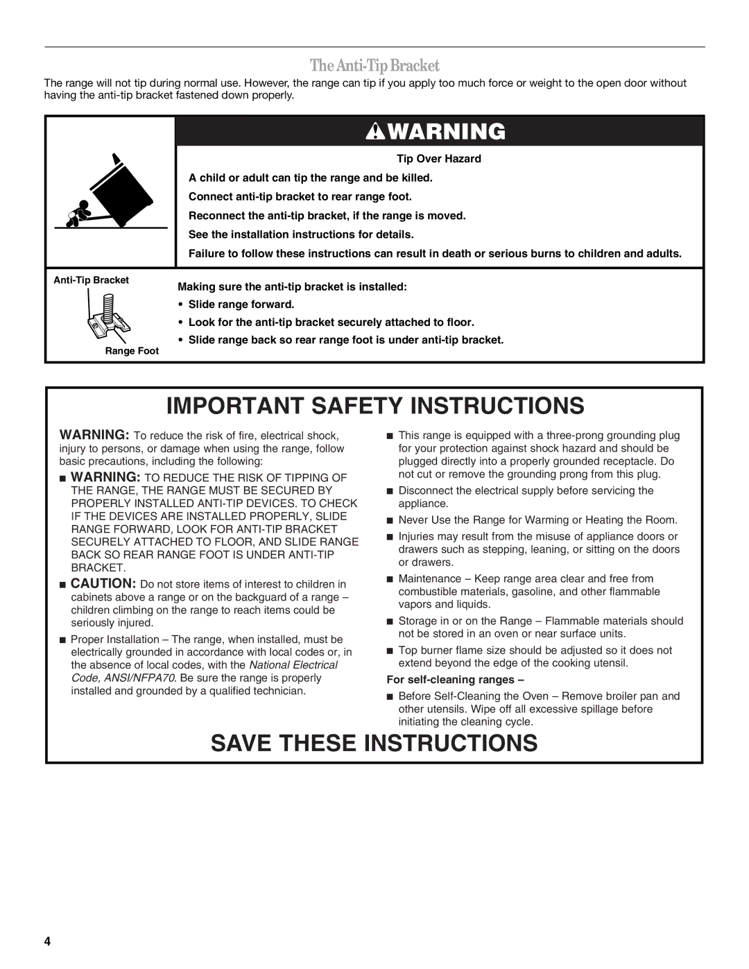 Whirlpool IGS325RQ0 manual Important Safety Instructions, Anti-Tip Bracket 