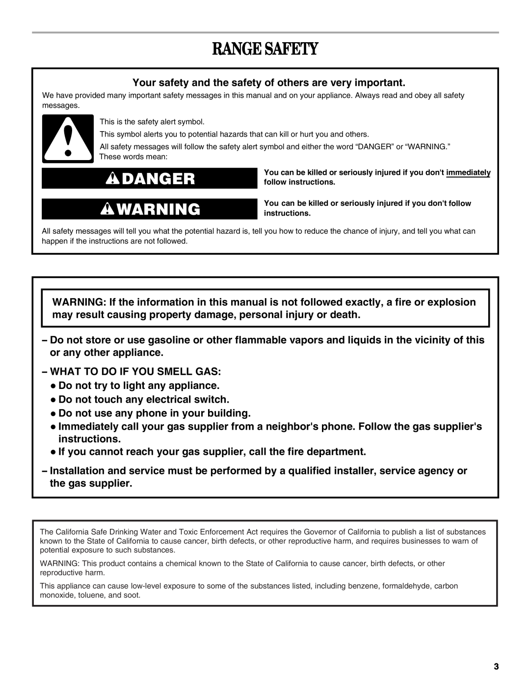 Whirlpool IGS325RQ0 manual Range Safety, Danger 