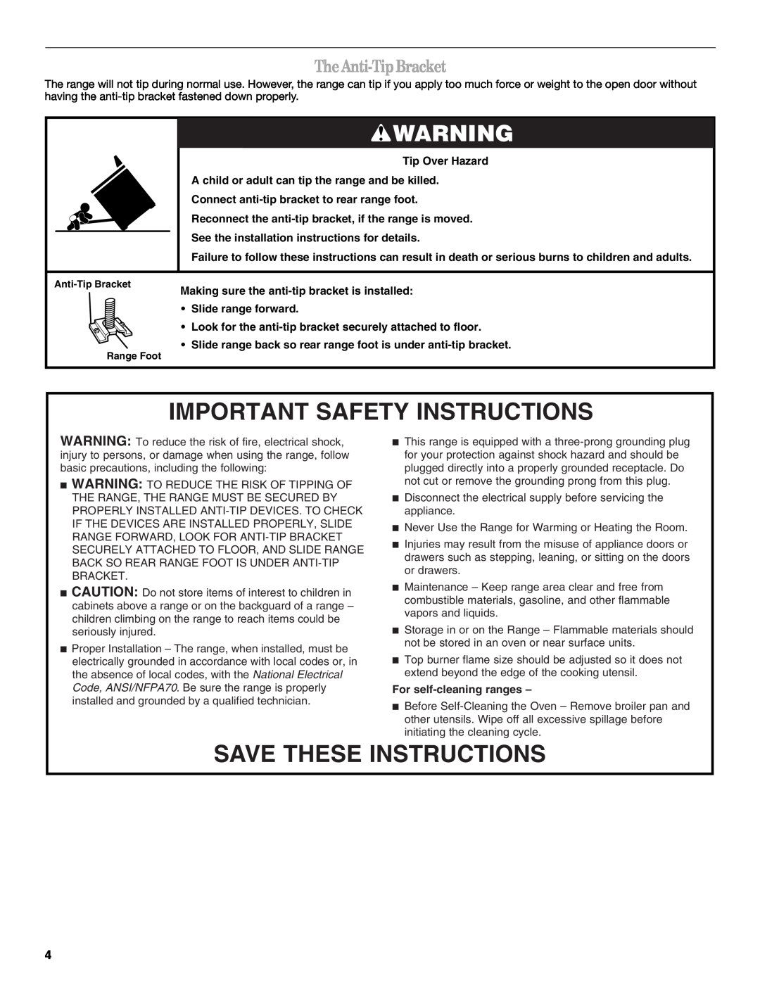 Whirlpool IGS325RQ0 The Anti-Tip Bracket, Important Safety Instructions, Save These Instructions, For self-cleaning ranges 