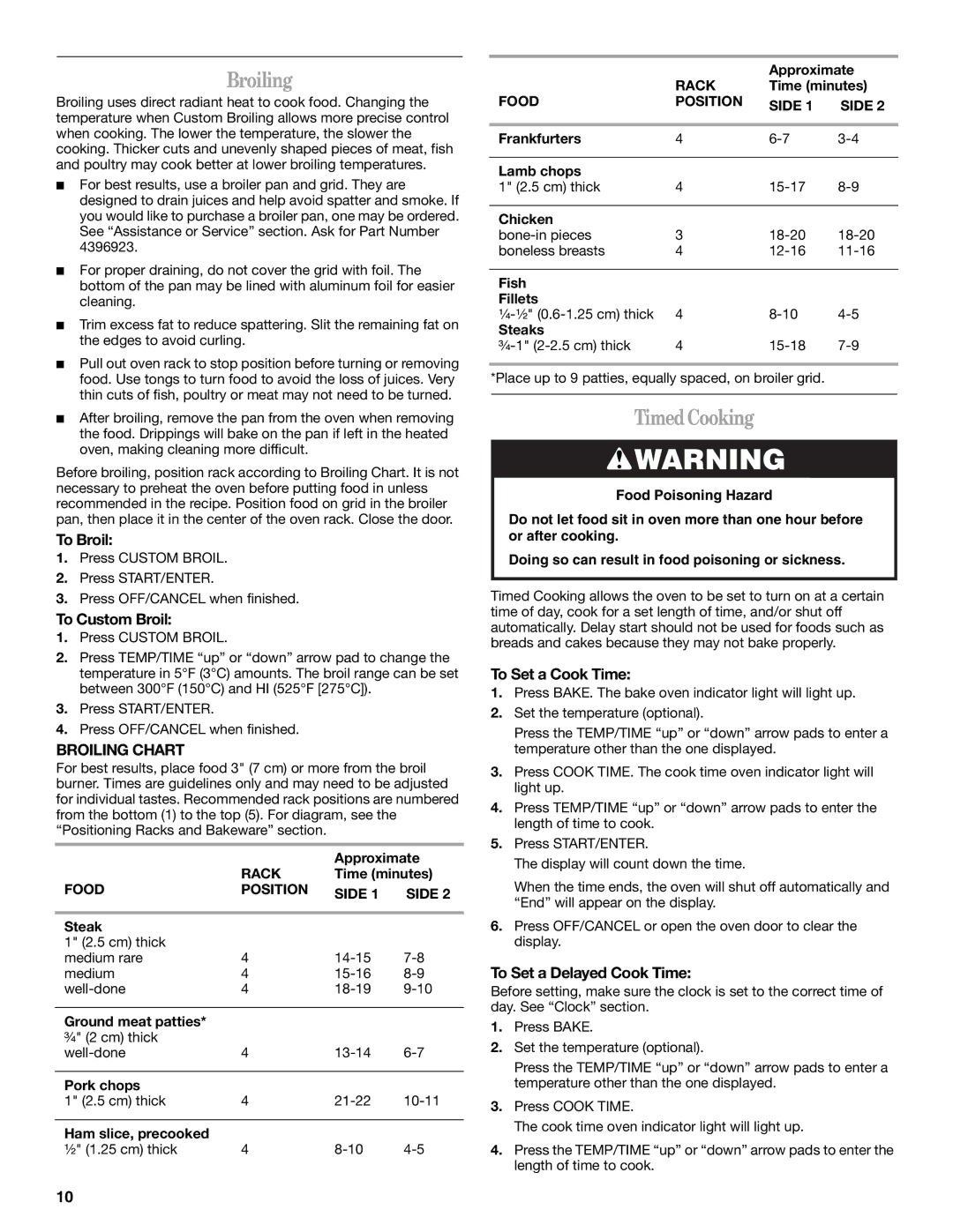 Whirlpool IGS325RQ1 manual Broiling, Timed Cooking 