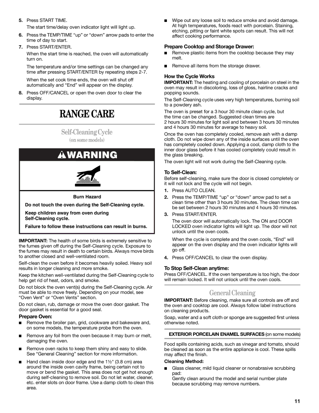 Whirlpool IGS325RQ1 manual Range Care, Self-Cleaning Cycle, General Cleaning 