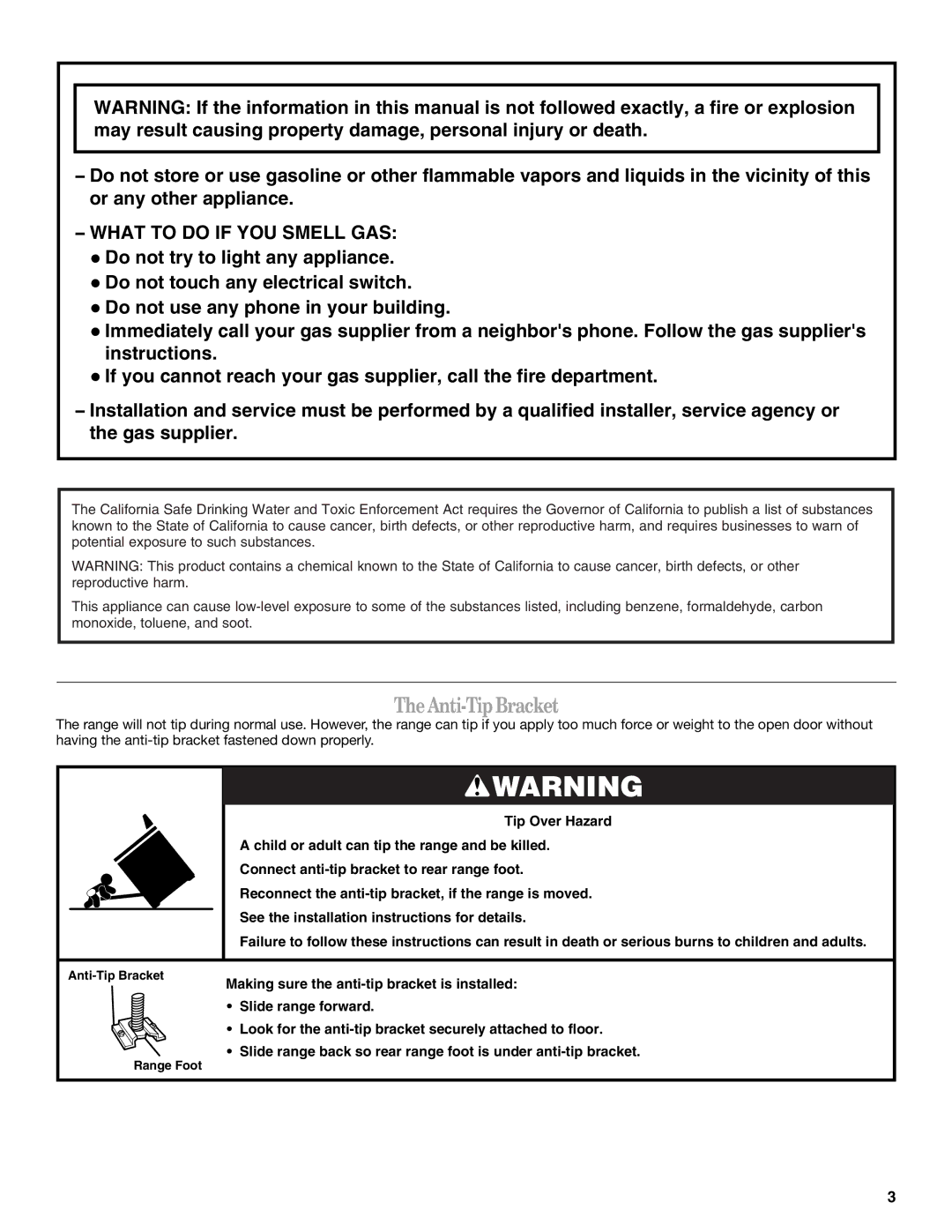 Whirlpool IGS325RQ1 manual Anti-Tip Bracket, What to do if YOU Smell GAS 