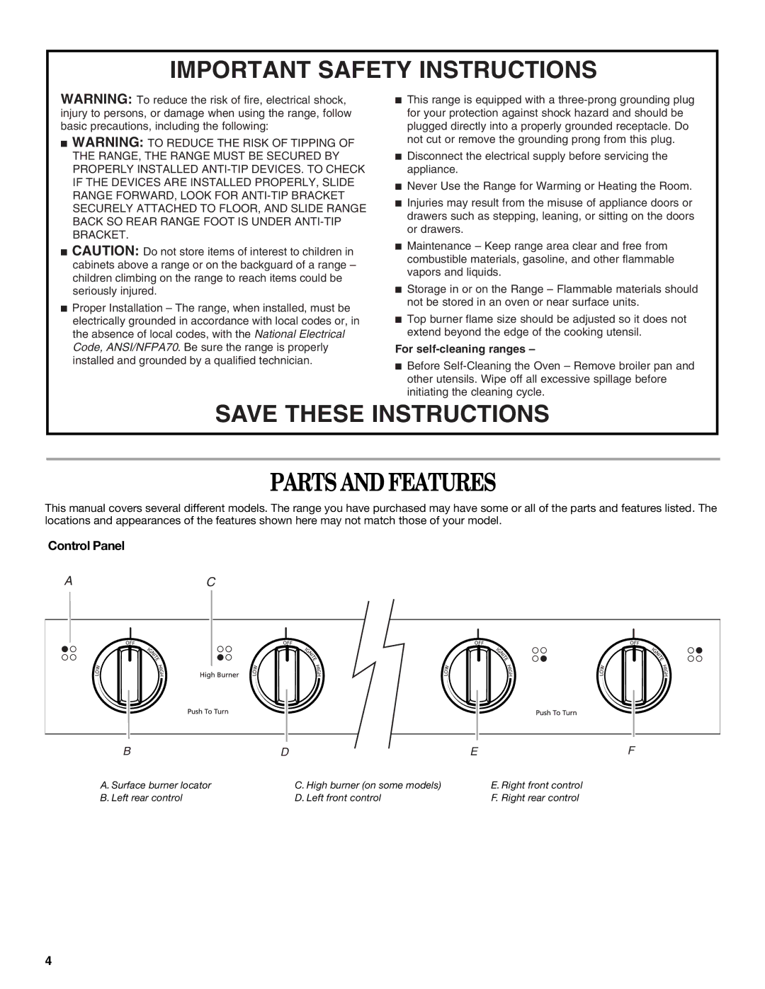 Whirlpool IGS325RQ1 manual Parts and Features, Control Panel 