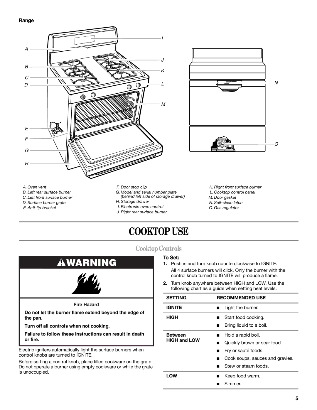 Whirlpool IGS325RQ1 manual Cooktop USE, Cooktop Controls, Range, To Set 