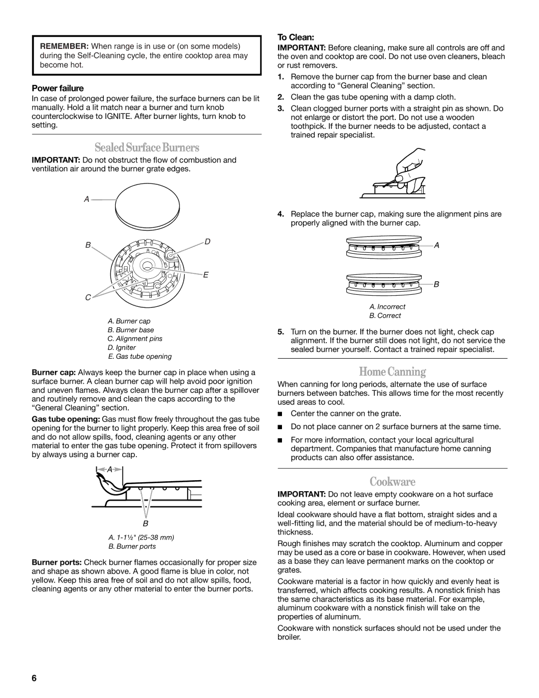 Whirlpool IGS325RQ1 manual Sealed Surface Burners, Home Canning, Cookware, Power failure, To Clean 