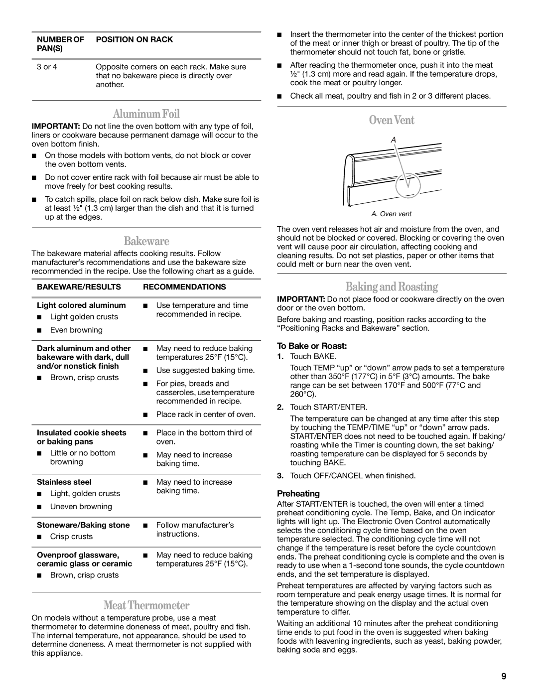 Whirlpool IGS325RQ1 manual Aluminum Foil, Bakeware, Meat Thermometer, Oven Vent, Baking and Roasting 