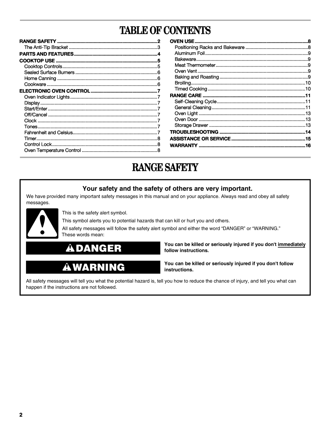 Whirlpool IGS325RQ1 manual Table Of Contents, Range Safety, Danger 