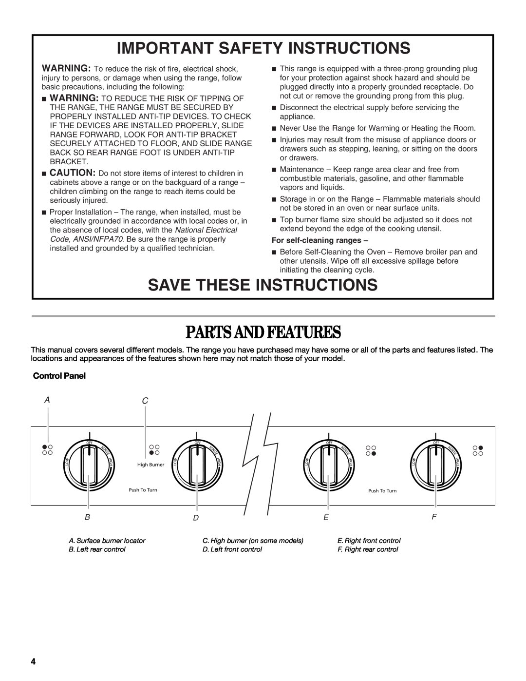 Whirlpool IGS325RQ1 manual Parts And Features, Important Safety Instructions, Save These Instructions, Control Panel 