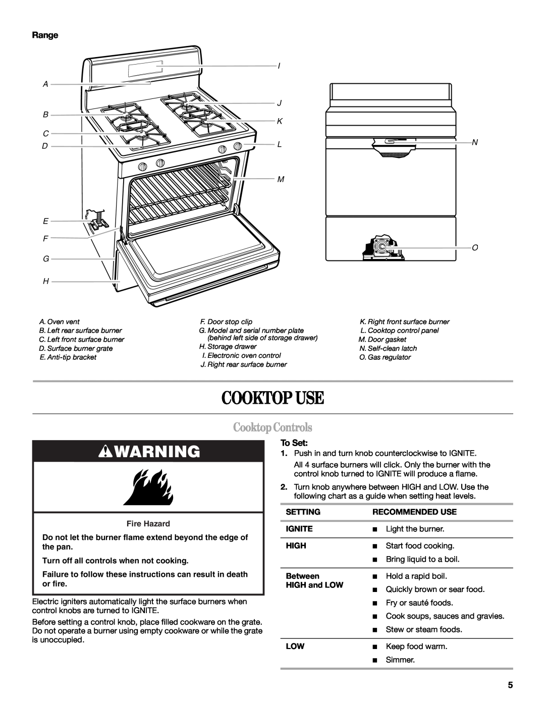 Whirlpool IGS325RQ1 Cooktop Use, Cooktop Controls, Range, To Set, Fire Hazard, Turn off all controls when not cooking 