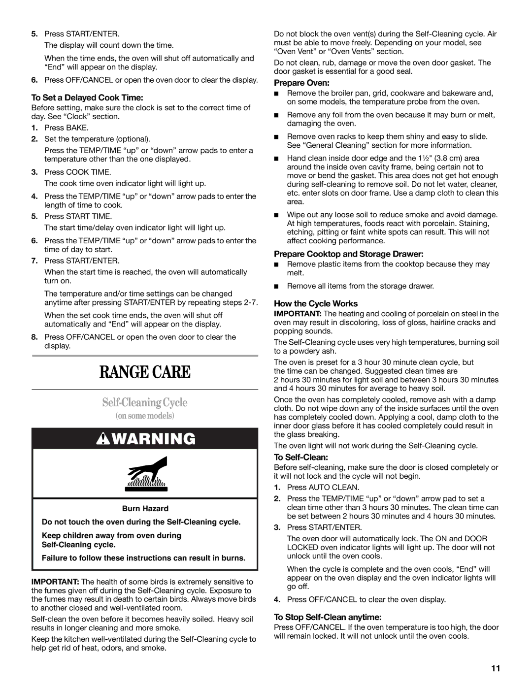 Whirlpool IGS325RQ2 manual Range Care, Self-Cleaning Cycle 