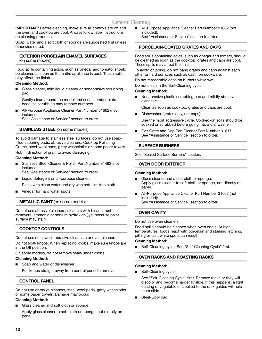 Whirlpool IGS325RQ2 manual General Cleaning 