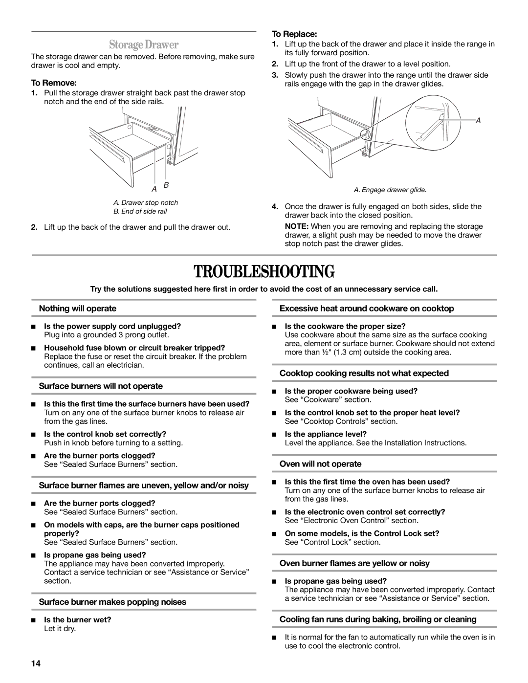 Whirlpool IGS325RQ2 manual Troubleshooting, Storage Drawer 