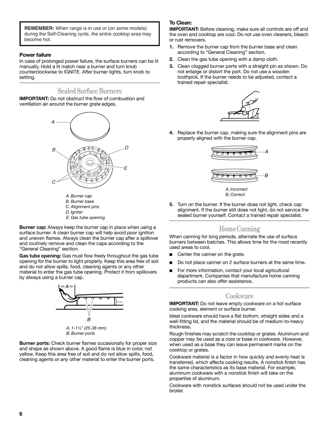 Whirlpool IGS325RQ2 manual Sealed Surface Burners, Home Canning, Cookware, Power failure, To Clean 