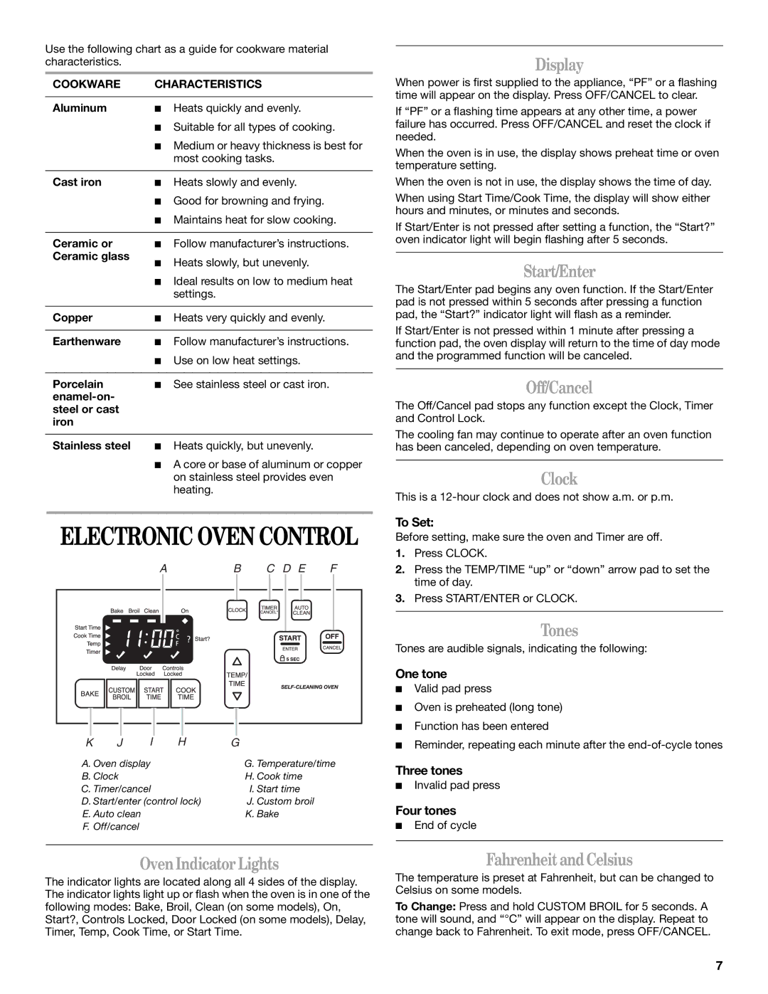 Whirlpool IGS325RQ2 manual Oven Indicator Lights, Display, Start/Enter, Off/Cancel, Clock, Tones, Fahrenheit and Celsius 