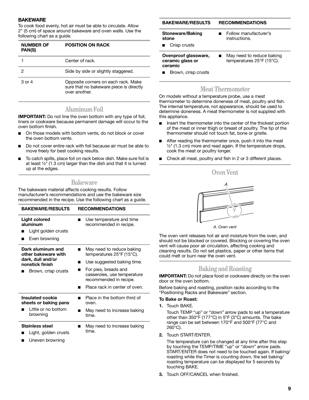 Whirlpool IGS325RQ2 manual Aluminum Foil, Bakeware, Meat Thermometer, Oven Vent, Baking and Roasting 