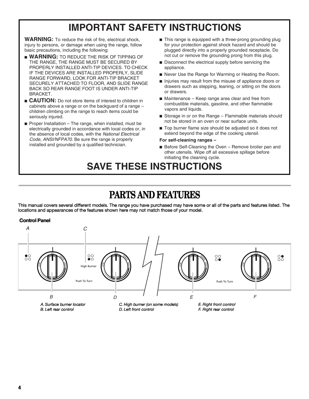 Whirlpool IGS325RQ2 manual Parts And Features, Important Safety Instructions, Save These Instructions, Control Panel 