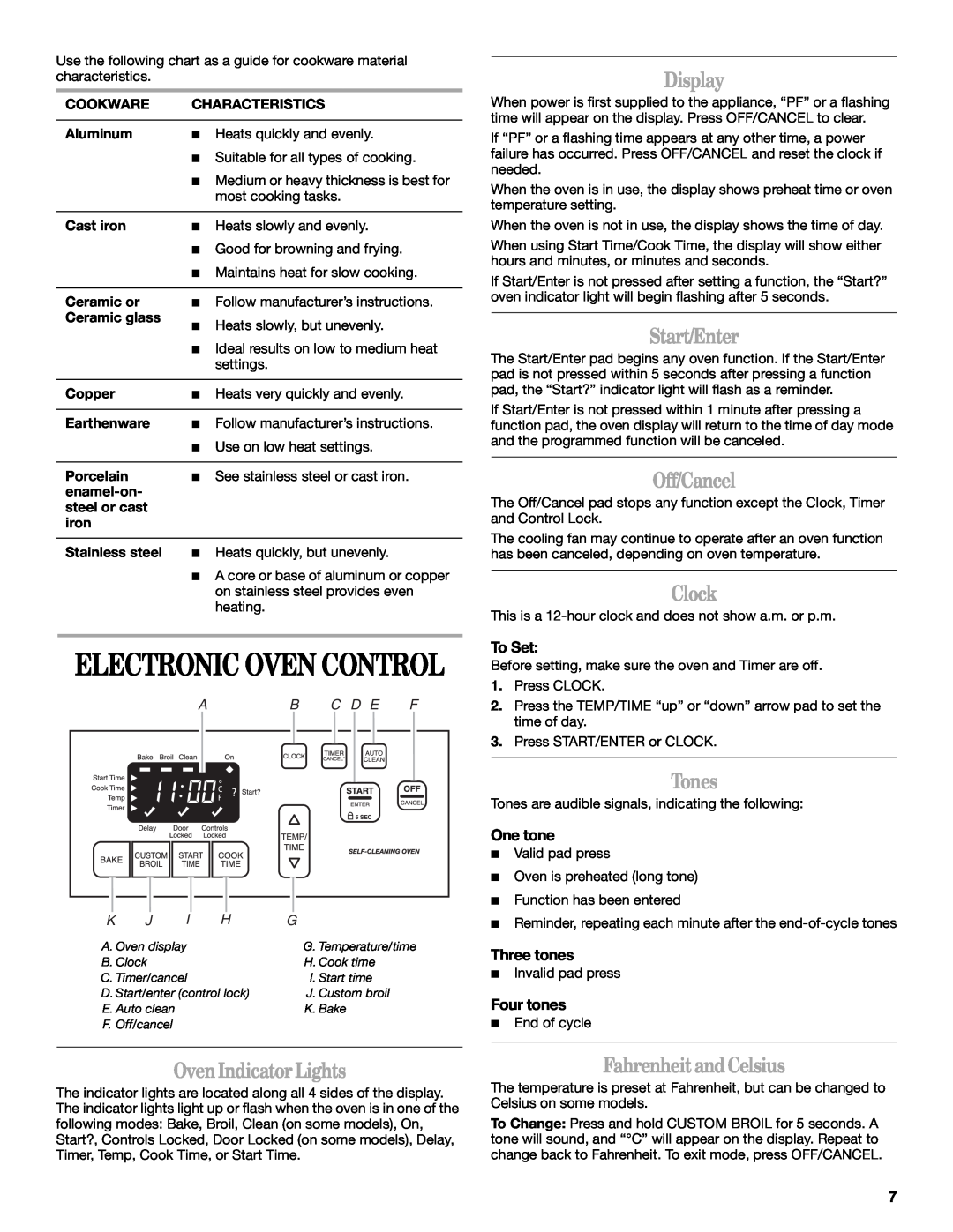 Whirlpool IGS325RQ2 Electronic Oven Control, Oven Indicator Lights, Display, Start/Enter, Off/Cancel, Clock, Tones, To Set 