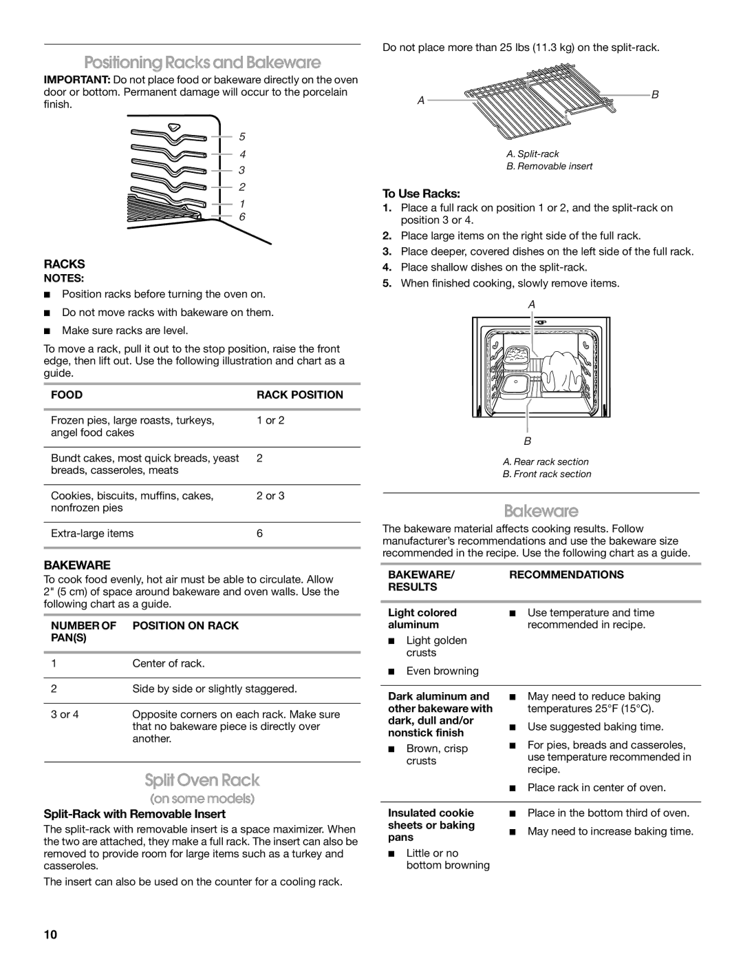 Whirlpool IGS365RS0 manual Positioning Racks and Bakeware, Split Oven Rack 