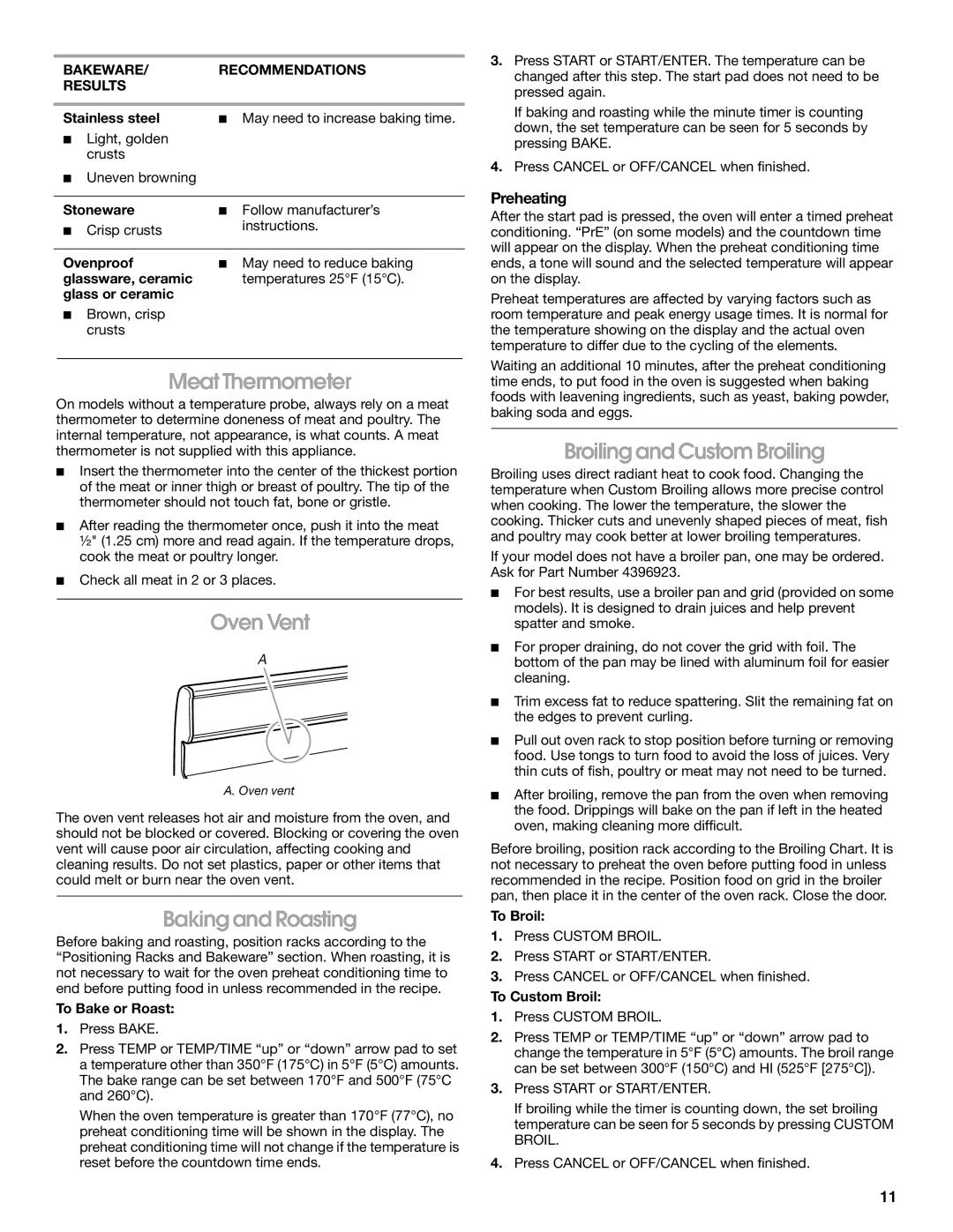 Whirlpool IGS365RS0 manual Meat Thermometer, Oven Vent, Baking and Roasting, Broiling and Custom Broiling, Preheating 