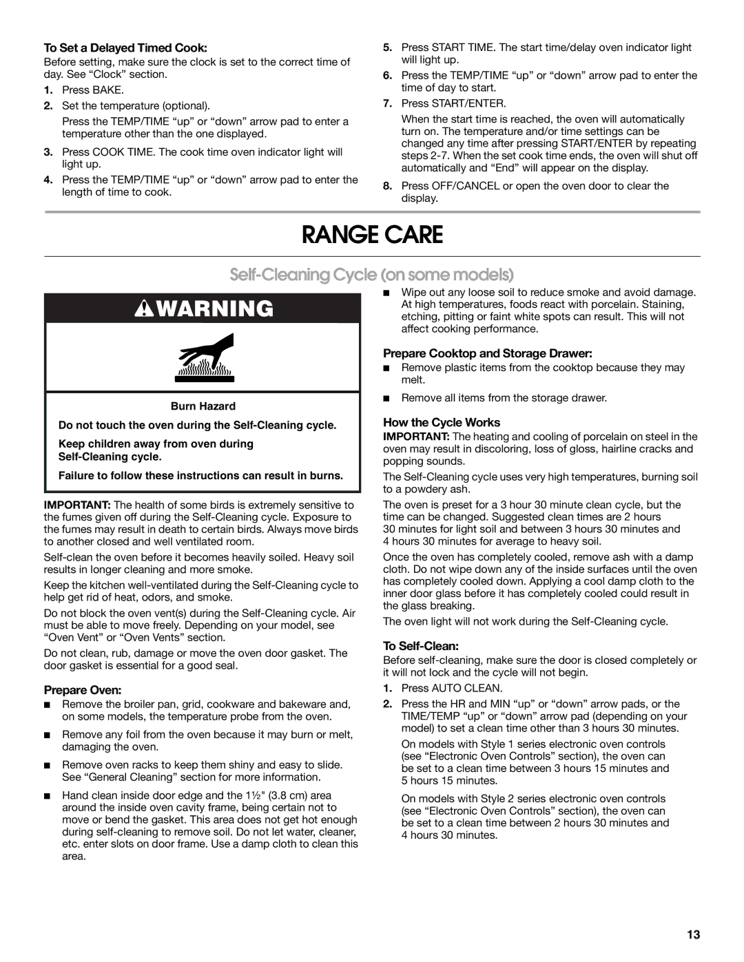 Whirlpool IGS365RS0 manual Range Care, Self-Cleaning Cycle on some models 