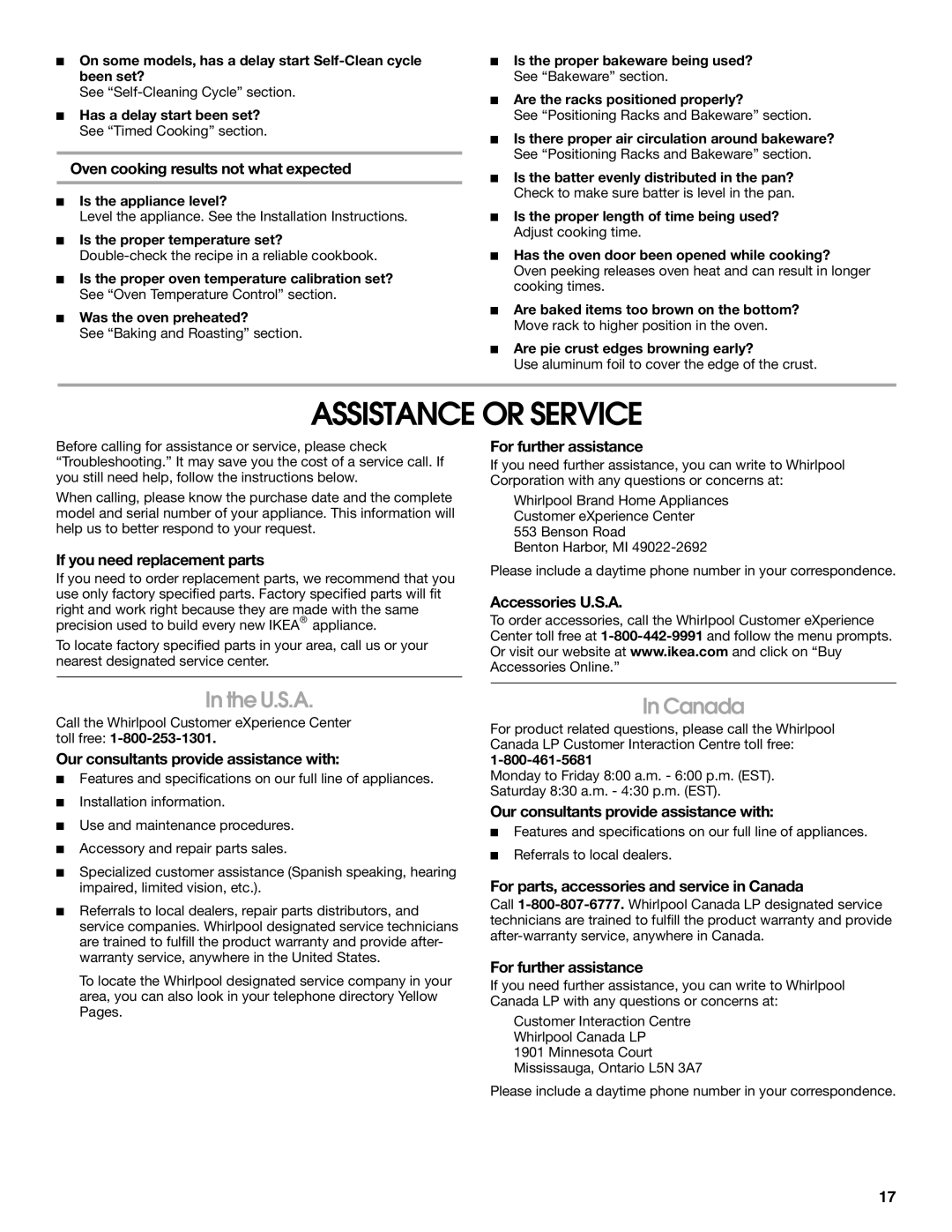 Whirlpool IGS365RS0 manual Assistance or Service, U.S.A, Canada 