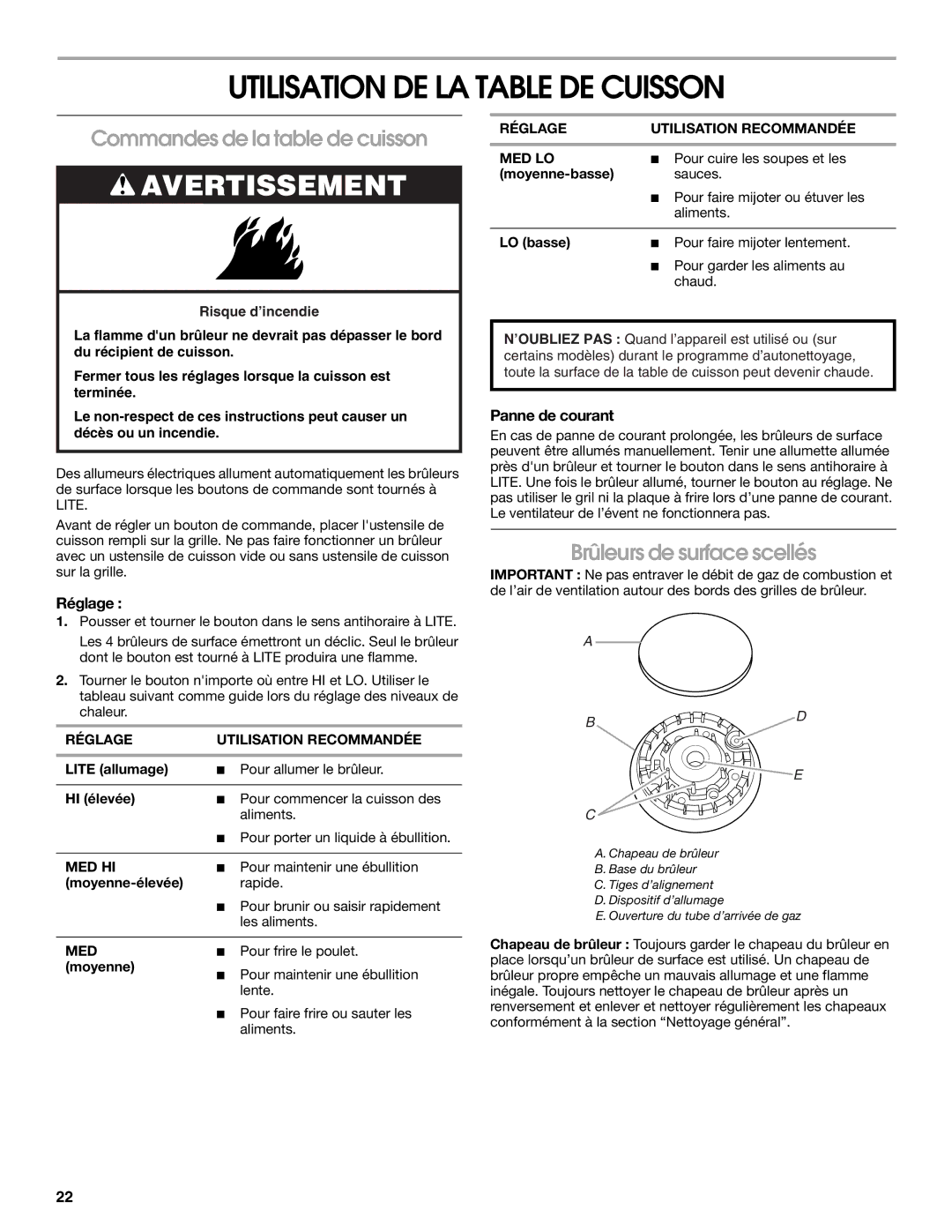 Whirlpool IGS365RS0 Utilisation DE LA Table DE Cuisson, Commandes de la table de cuisson, Brûleurs de surface scellés 