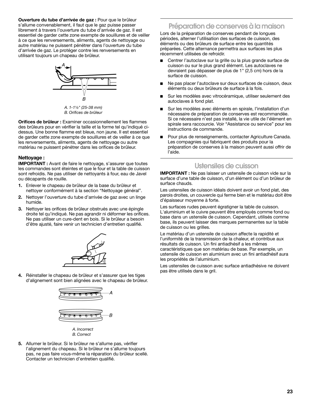 Whirlpool IGS365RS0 manual Préparation de conserves à la maison, Ustensiles de cuisson, Nettoyage 