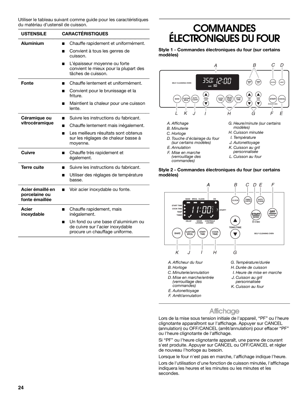 Whirlpool IGS365RS0 manual Commandes Électroniques DU Four, Affichage, Ustensile Caractéristiques 