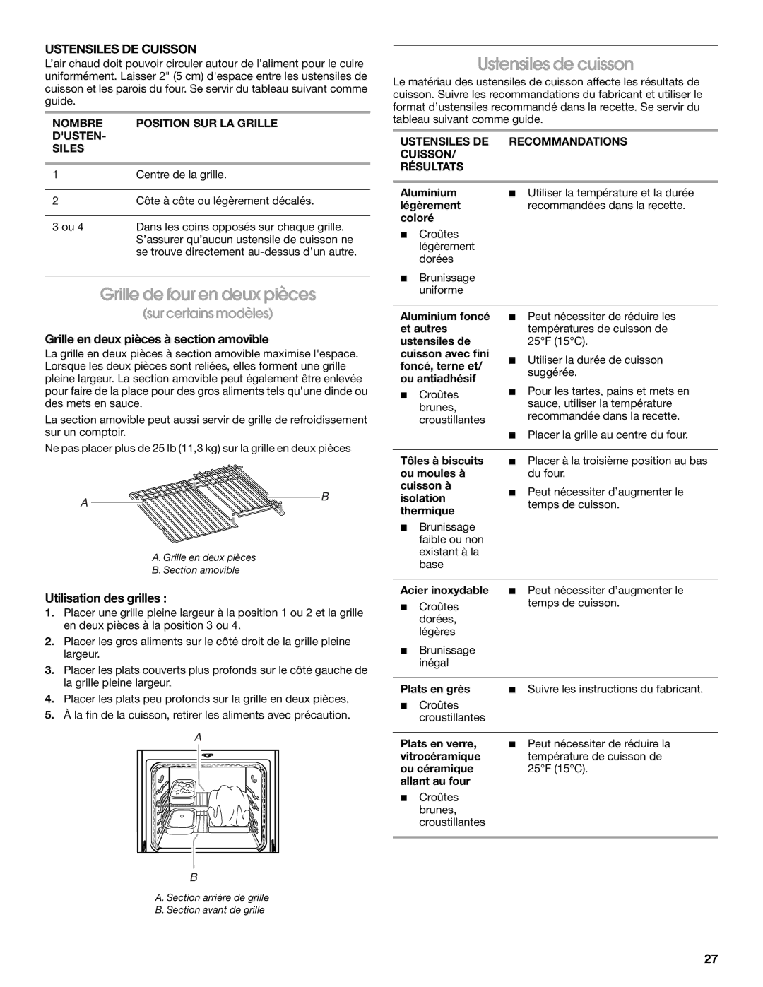 Whirlpool IGS365RS0 manual Grille de four en deux pièces, Ustensiles DE Cuisson, Grille en deux pièces à section amovible 