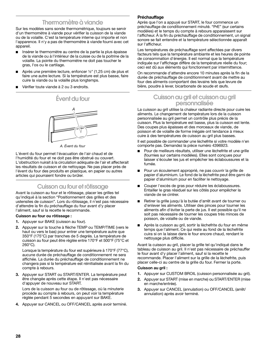 Whirlpool IGS365RS0 manual Thermomètre à viande, Évent du four, Cuisson au four et rôtissage, Préchauffage 