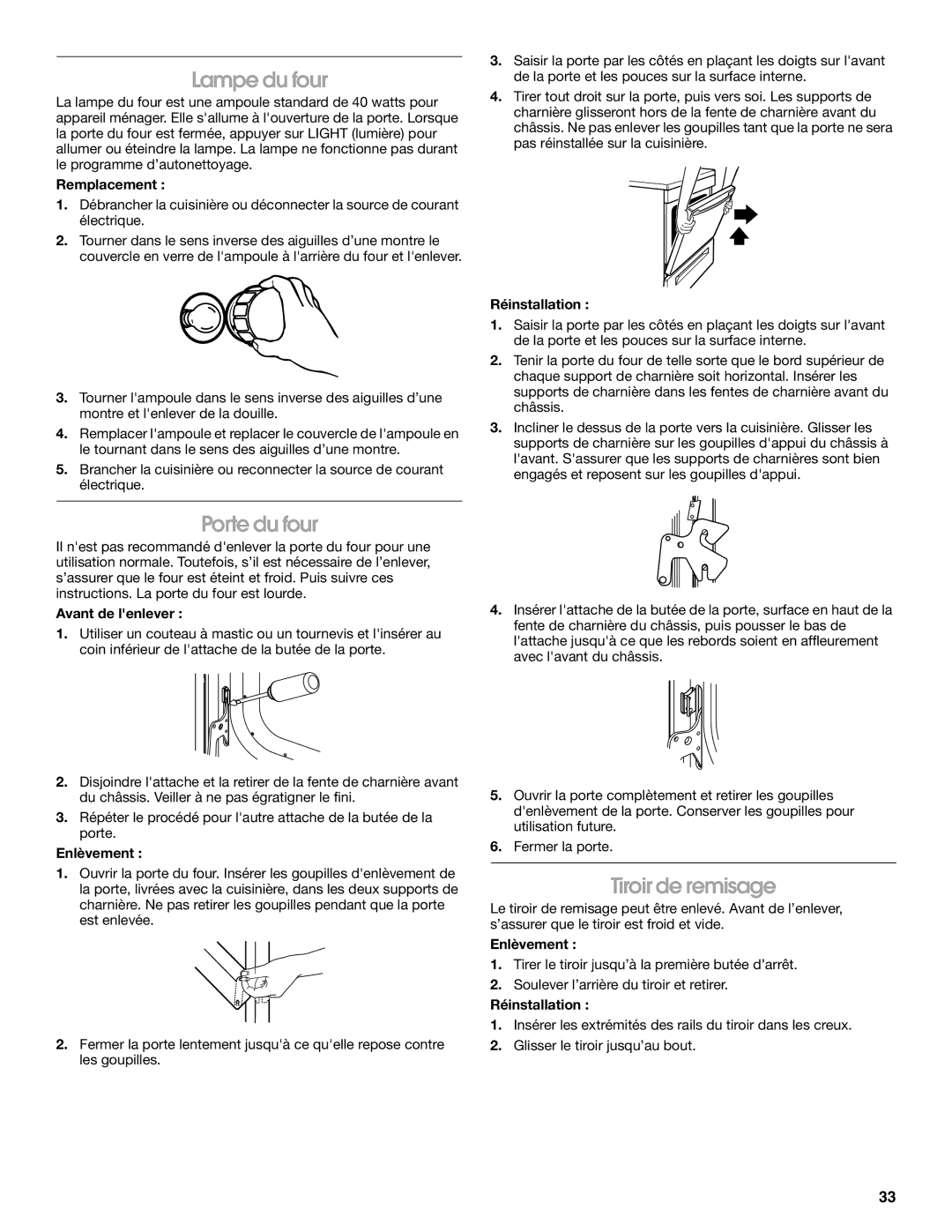 Whirlpool IGS365RS0 manual Lampe du four, Porte du four, Tiroir de remisage 