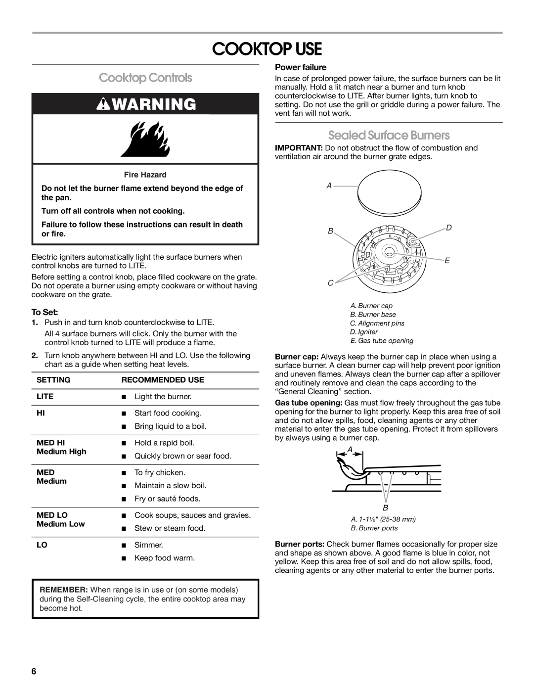 Whirlpool IGS365RS0 manual Cooktop USE, Cooktop Controls, Sealed Surface Burners, To Set, Power failure 