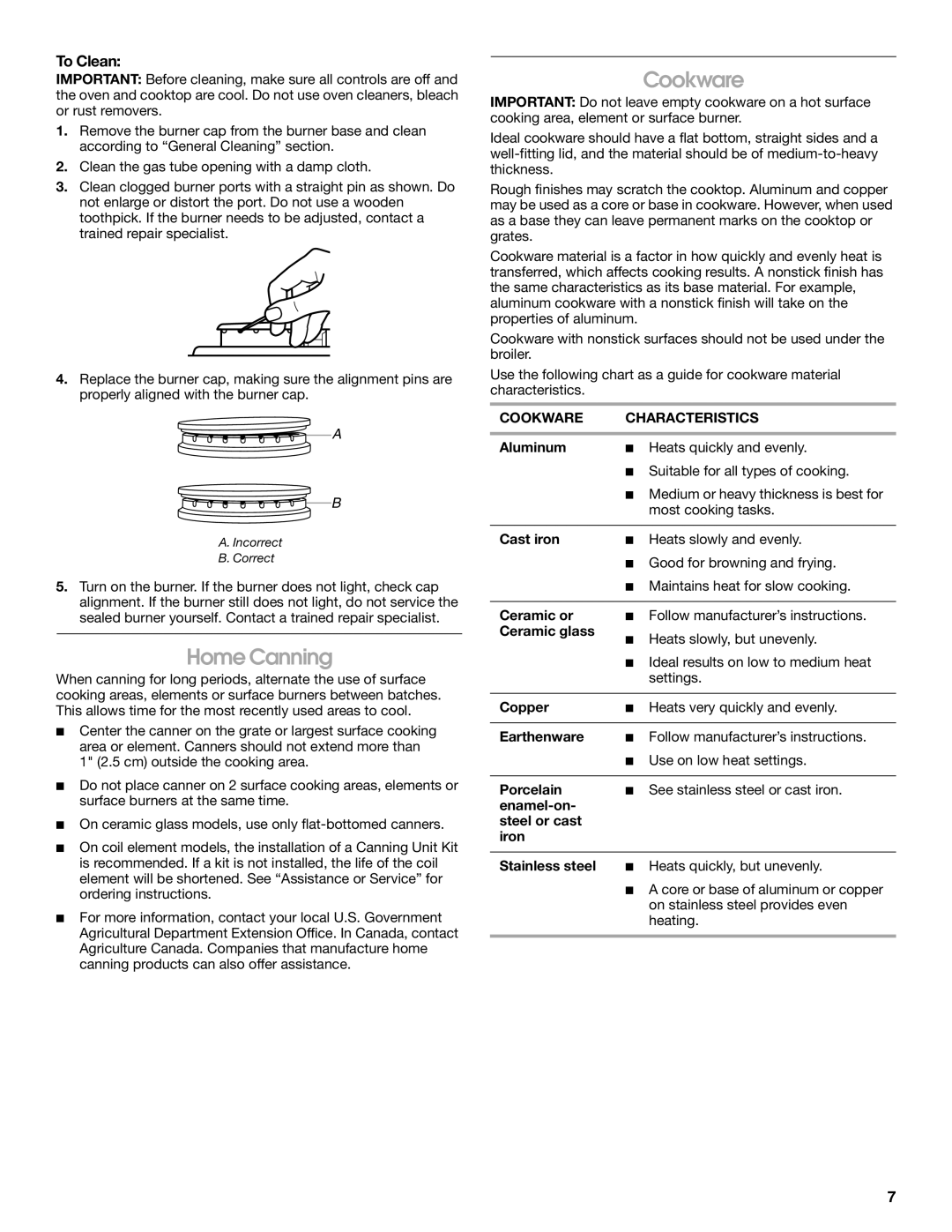 Whirlpool IGS365RS0 manual Home Canning, To Clean, Cookware Characteristics 