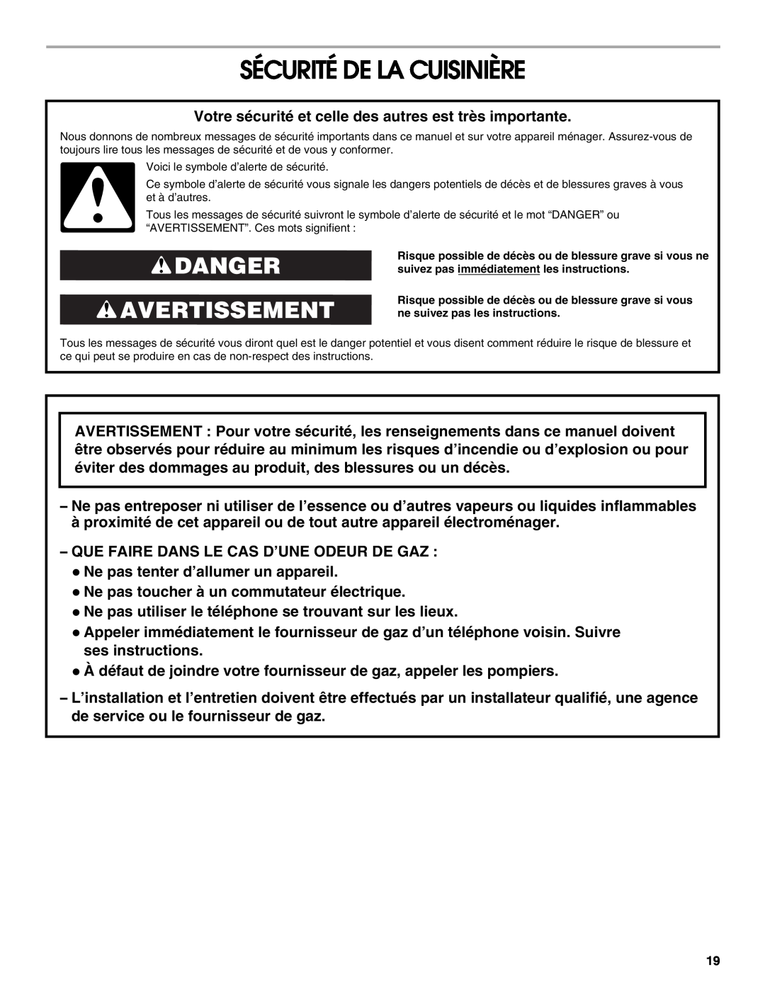Whirlpool IGS365RS0 manual Sécurité De La Cuisinière, Danger Avertissement 