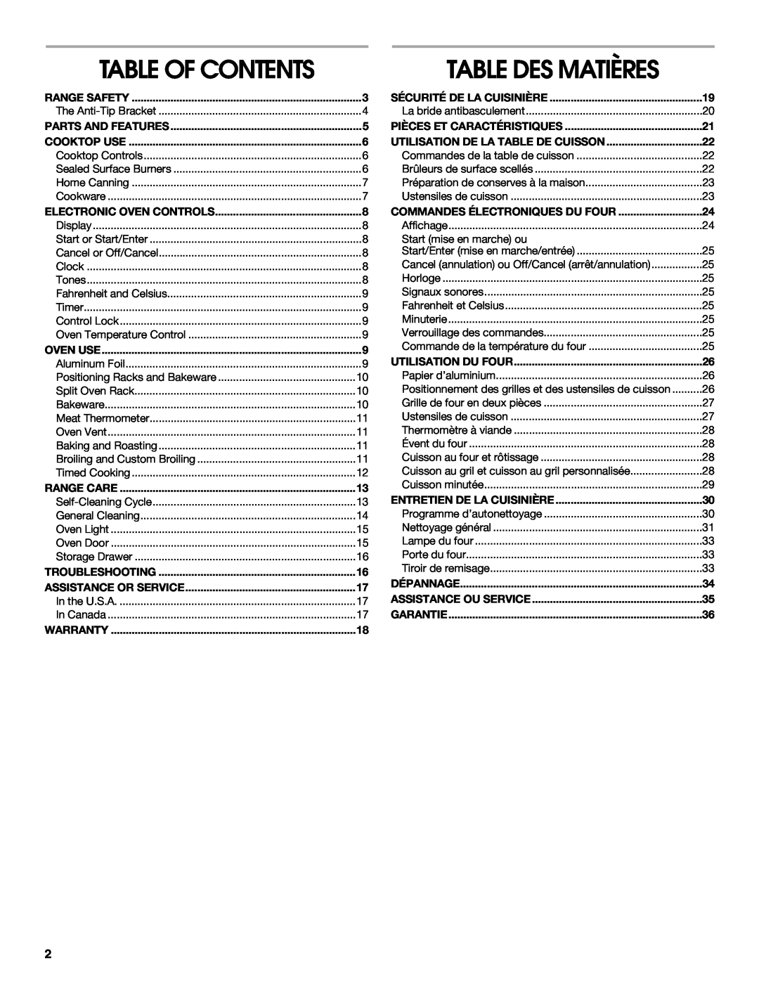 Whirlpool IGS365RS0 manual Table Des Matières, Table Of Contents 