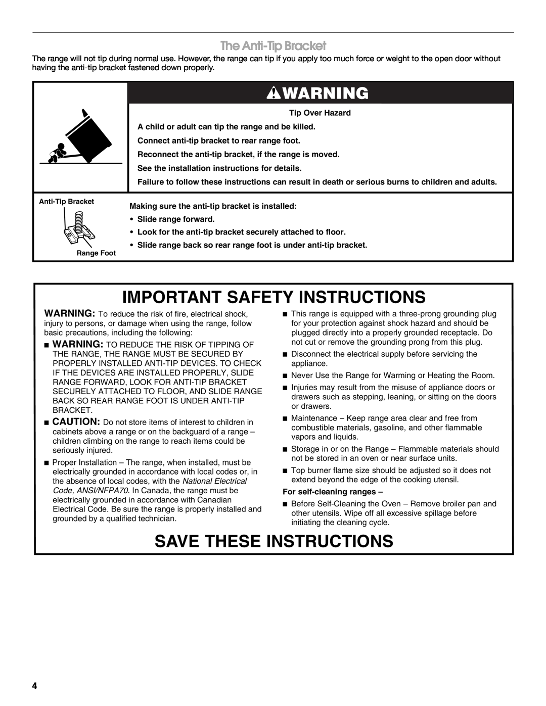 Whirlpool IGS365RS0 Important Safety Instructions, Save These Instructions, The Anti-Tip Bracket, For self-cleaning ranges 