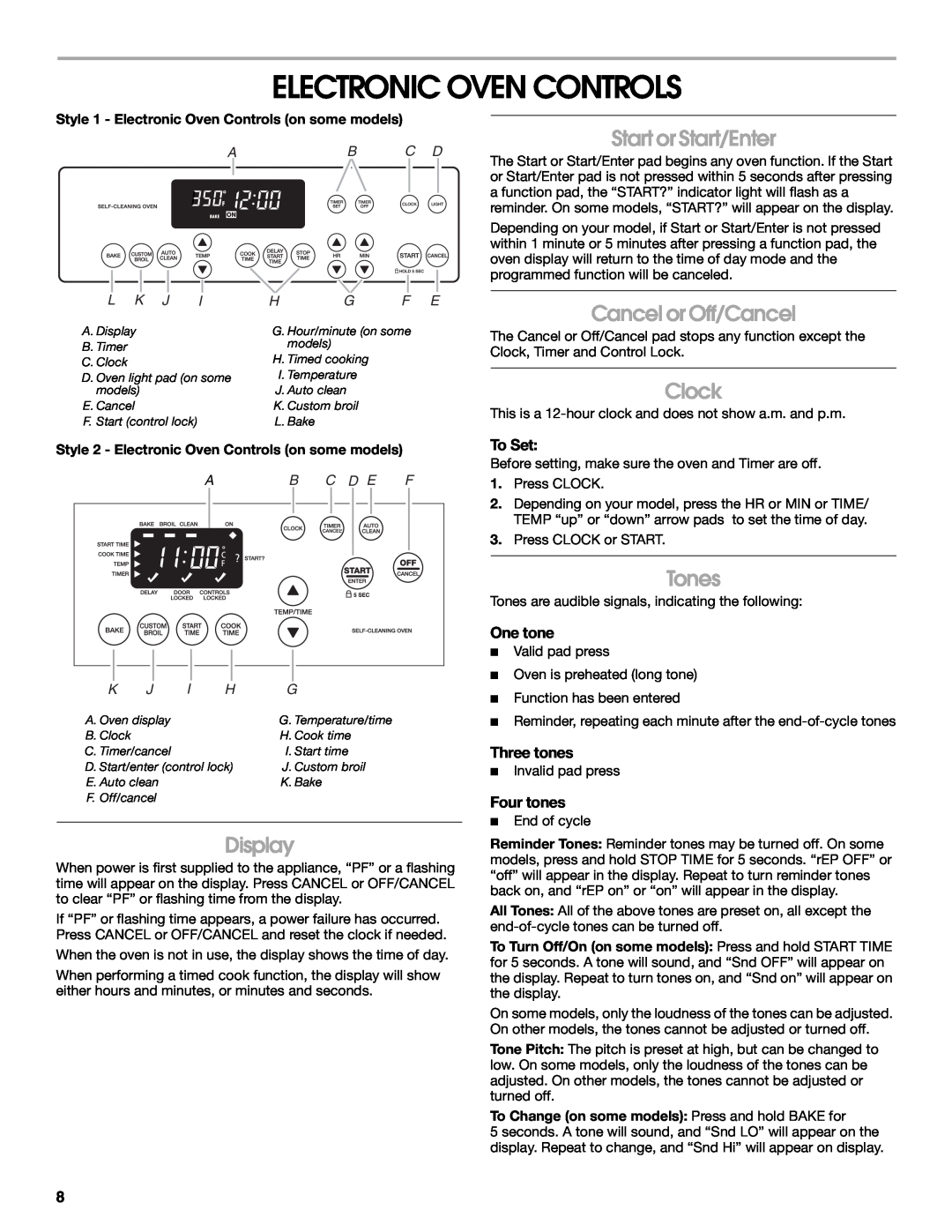 Whirlpool IGS365RS0 Electronic Oven Controls, Start or Start/Enter, Cancel or Off/Cancel, Clock, Display, Tones, To Set 