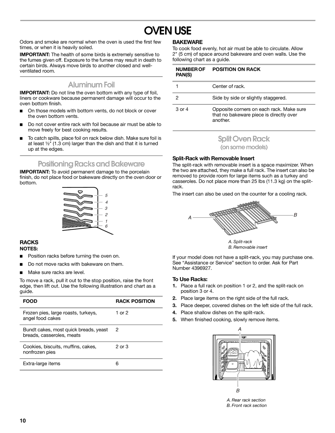 Whirlpool IGS365RS1 manual Oven USE, Aluminum Foil, Positioning Racks and Bakeware, Split Oven Rack 